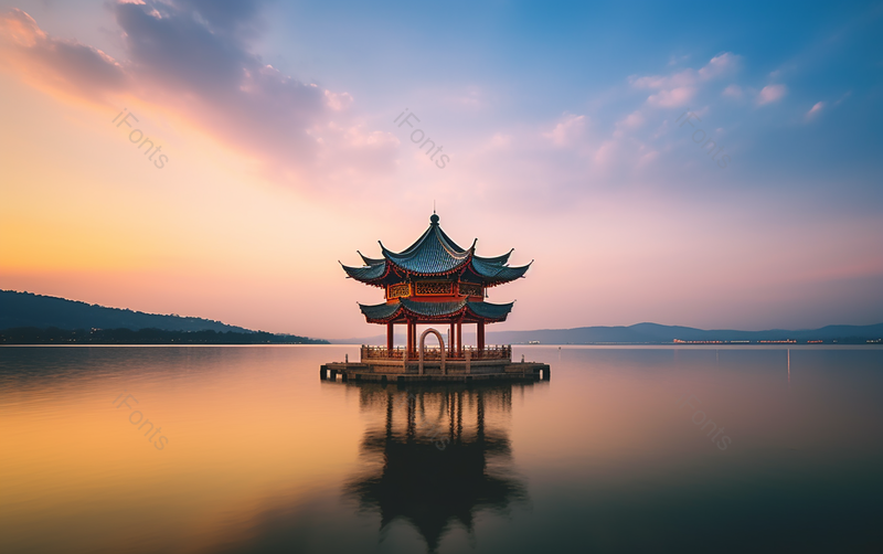 杭州西湖聚贤亭夕阳下湖面光影,高清,摄影图,摄影图片,图片大全,摄影图免费下载